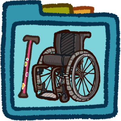 a cane with stickers on it next to a manual wheelchair. It's inside a teal folder that has green and orange folder tabs behind it.